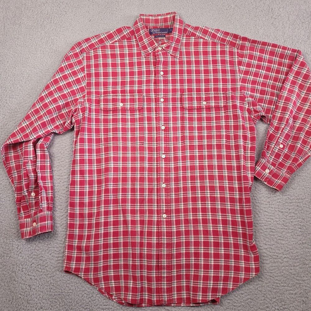 Vintage Polo Ralph Lauren‎ Shirt Mens Medium Red Tartan Plaid Button Down Cotton